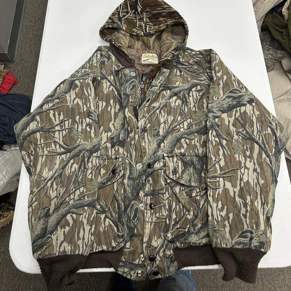 Cabela's Hooded Bomber Jacket Mens L Brown Camo Tree Bark Arctic Fleece USA Made
